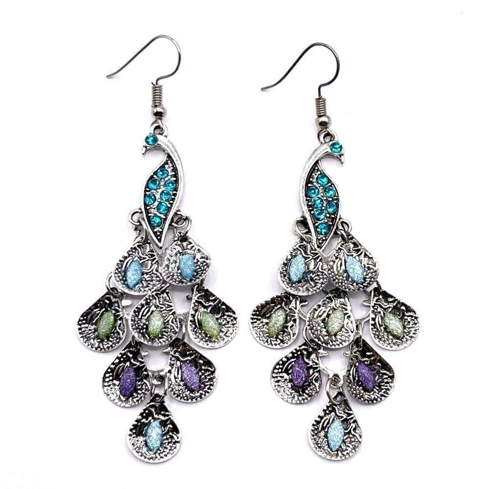 Long Silver with Multicolored Crystal Dangling Peacock Hook Earrings